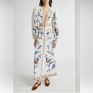 NWT FARM Rio Mystic Blue Lotus Dreamscape Linen Blend Maxi Dress Size Medium